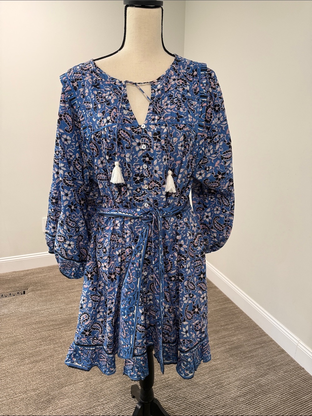Cleobella Blue Paisley Tie-Neck Long Sleeve Boho Dress